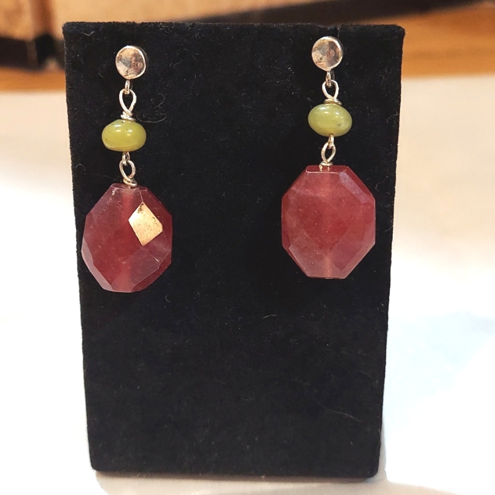 Earrings Pink Jade Drops Sterling Silver‎ Pierced 925 Mark